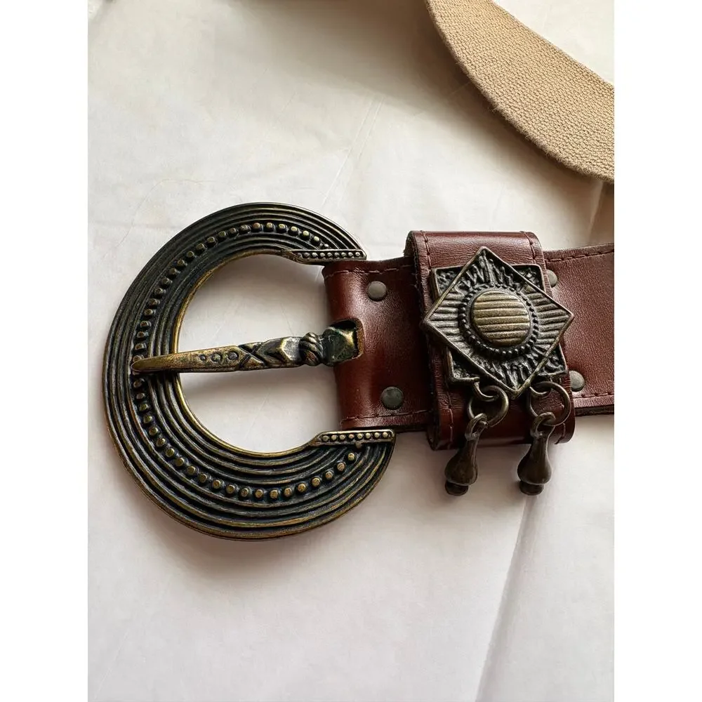 Units Vintage Statement Belt Partial Leather Brass Wide Medium Boho Medallion